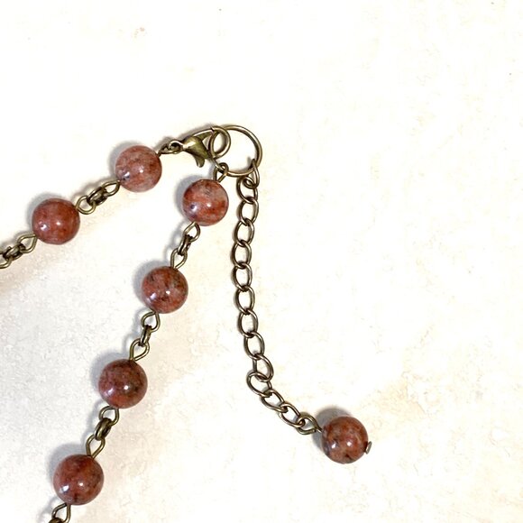 Genuine Red Jasper Short Necklace, Cute Bronze Round Mushroom + Natural Gemstone - Picture 11 of 14